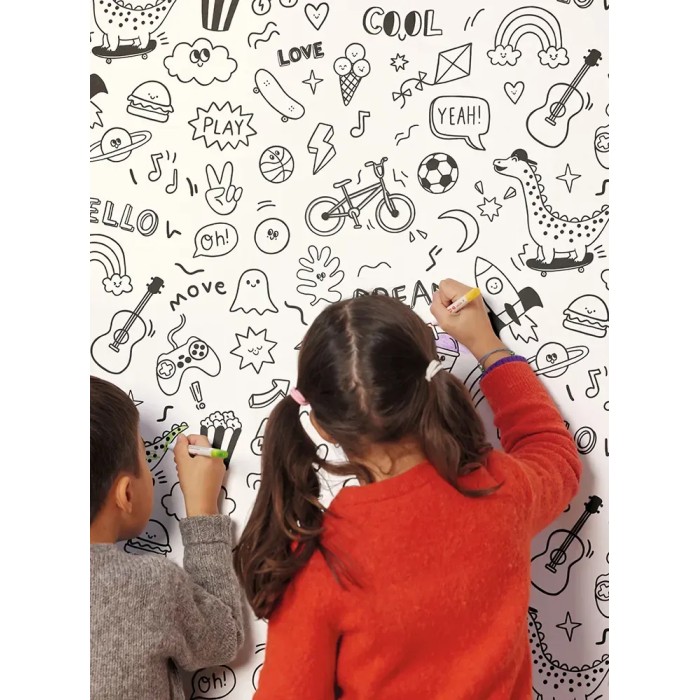 Caselio|Kindertapete mit Kindergraffiti in Schwarz-Weiß|Kindertapete