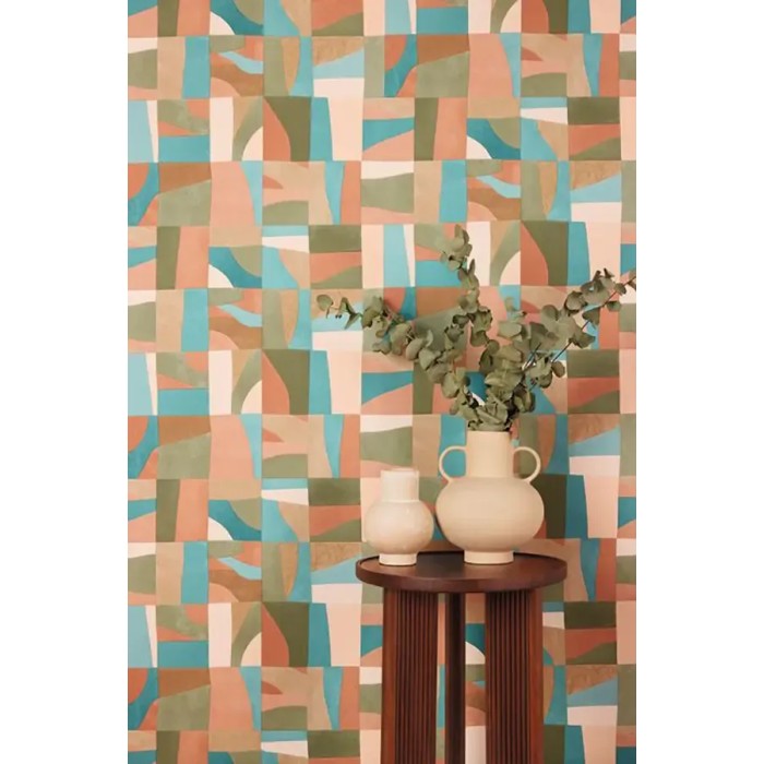 Caselio|Abstract composition wallpaper in green and terracotta|Abstract