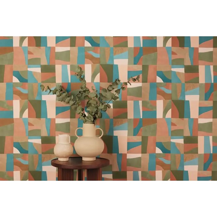 Caselio|Abstract composition wallpaper in green and terracotta|Abstract