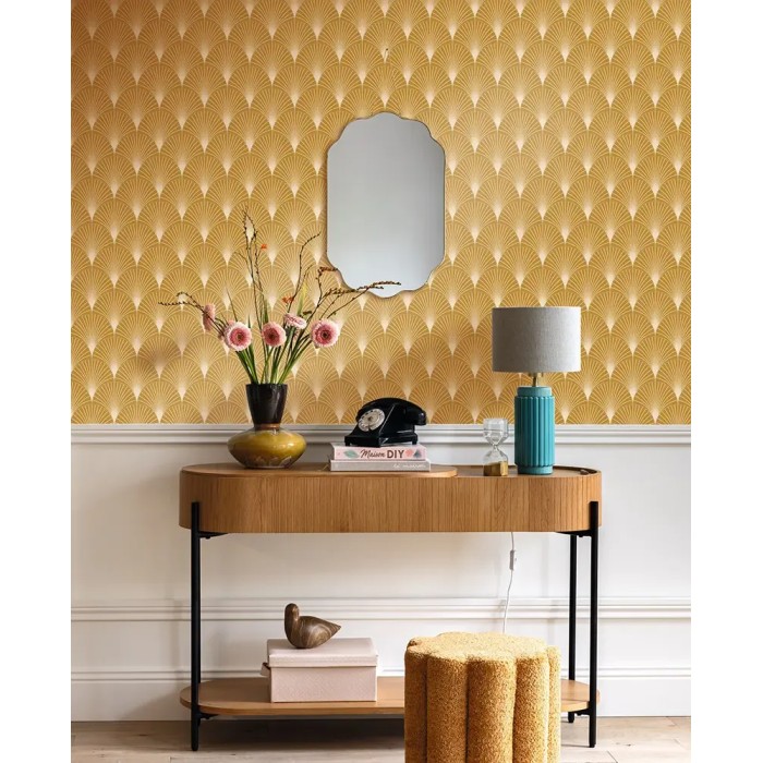 Caselio|Yellow Art Deco wallpaper with fan or palmette design|Art Deco
