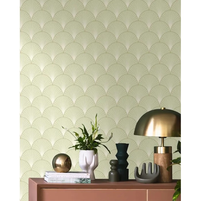 Caselio|Grün-goldene Art-Déco-Tapete in Metallic-Optik|Art Deco