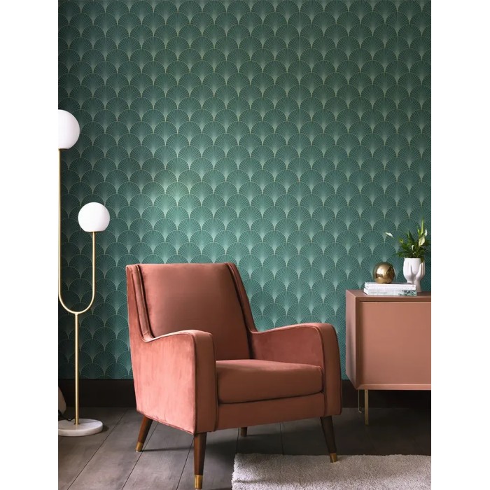 Caselio|Papier peint Art déco vert avec formes d’éventail métallisé|Art Déco