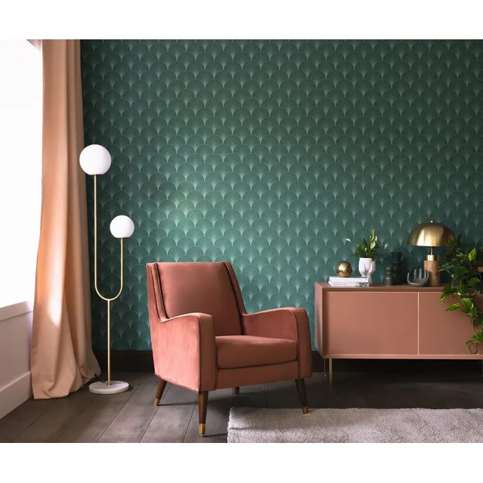 Papel pintado art déco verde, formas de abanico metalizado - Caselio Elegance 105267129