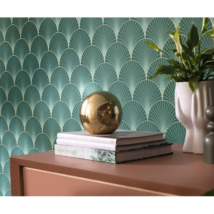 Caselio|Papier peint Art déco vert avec formes d’éventail métallisé|Art Déco