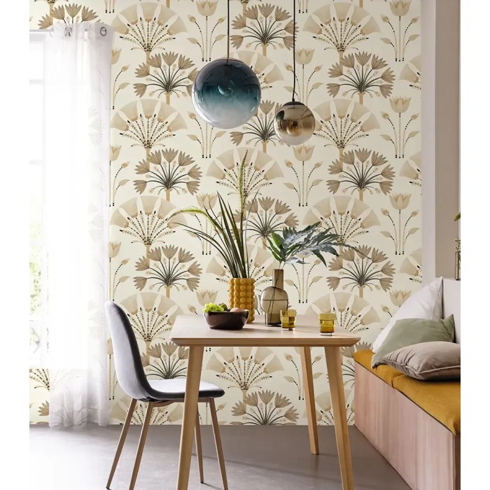 Caselio|Papel pintado art déco blanco y beige para salón elegante|Art Deco