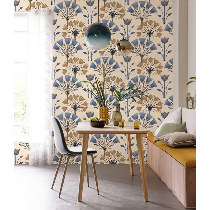 Caselio|Papier peint style Art déco avec palmiers tons beige|Art Déco