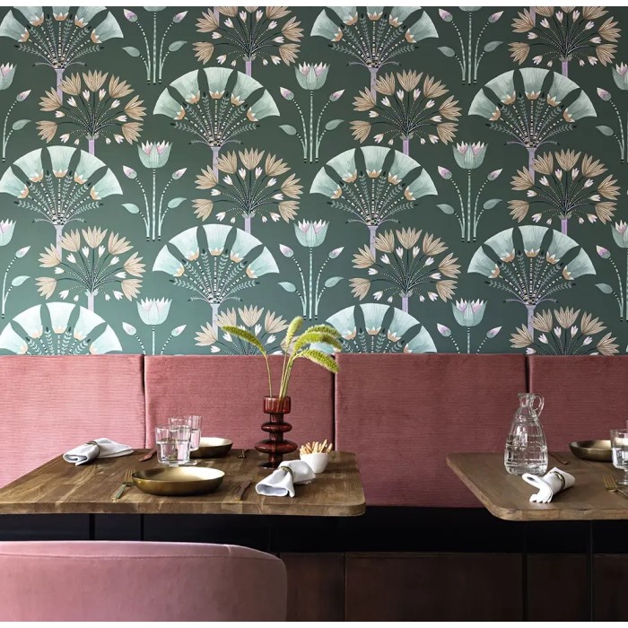 Caselio|Schicke grüne Art-Déco-Tapete mit Palmen|Art Deco