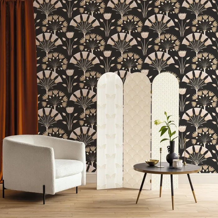 Caselio|Black Art Deco wallpaper with elegant palm trees|Art Deco