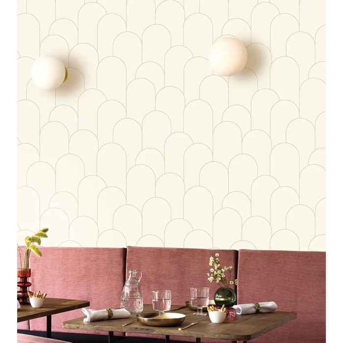 Caselio|Papel pintado art déco blanco y dorado, patrón minimalista|Art Deco