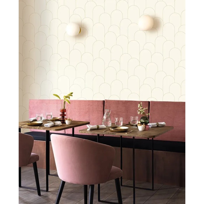 Caselio|Papel pintado art déco blanco y dorado, patrón minimalista|Art Deco