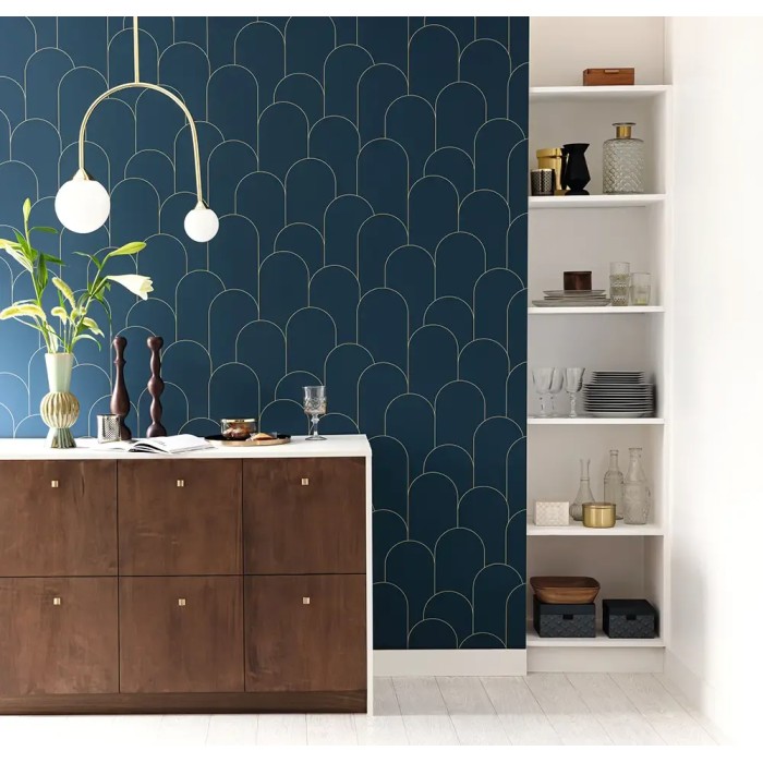 Caselio|Papier peint Art déco avec arcs métallisés bleu et doré|Art Déco