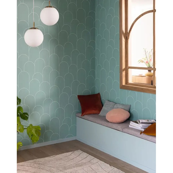 Papel pintado minimalista verde en forma de arcos art decó - Caselio Elegance 105287000