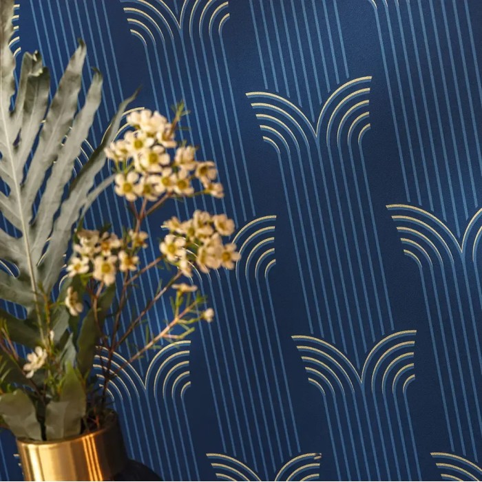 Caselio|Glamouröse Tapete im Art-Déco-Stil in Blau und Gold|Art Deco