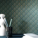 Caselio|Art Deco wallpaper with elegant green and gold palmettes|Art Deco