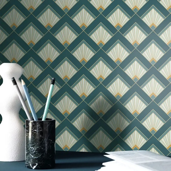 Caselio|Papier peint Art déco bleu et vert|Art Déco
