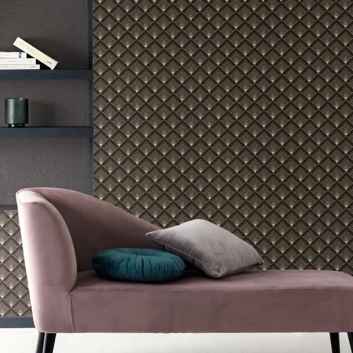 Papel pintado elegante estilo art déco negro y dorado metalizado - Caselio Elegance 105319000