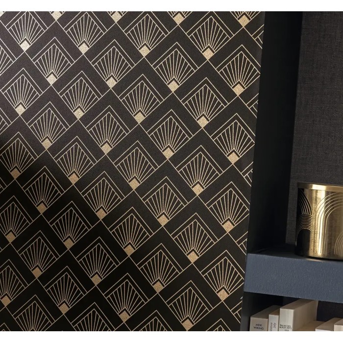 Caselio|Elegant Art Deco style wallpaper in black and gold metallic|Art Deco