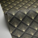 Caselio|Papel pintado elegante estilo art déco negro y dorado metalizado|Art Deco
