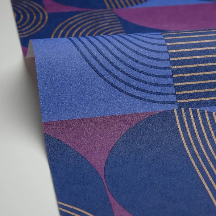 Caselio|Papier peint moderne avec cercles bleus et couleur aubergine|Géométrique