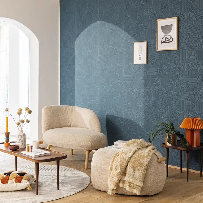 Caselio|Papel pintado para salón moderno azul, surcos y círculos 3D|Moderno