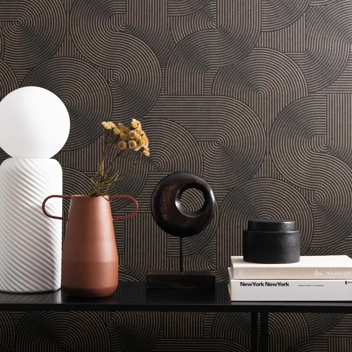 Caselio|Modern wallpaper with black and copper 3D grooves|Wallpaper