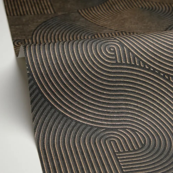 Caselio|Papel pintado moderno con surcos 3D negro y cobre|Papel Pintado