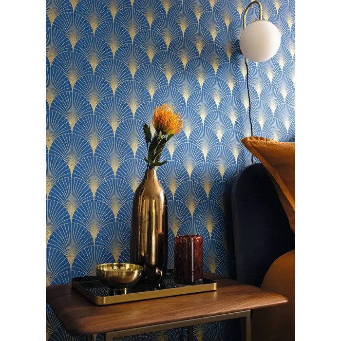 Caselio|Art Deco wallpaper with elegant beige and gold palmettes|Art Deco