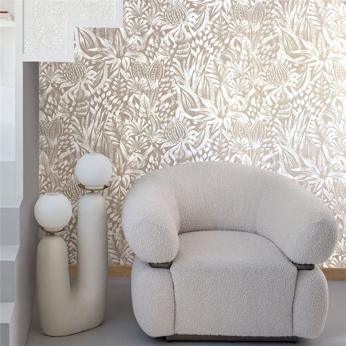 Revestimiento pared lino patrón floral étnico beige blanco - Casamance Linora 71420288