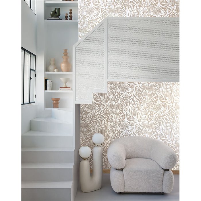 Revestimiento pared lino patrón floral étnico beige blanco - Casamance Linora 71420288