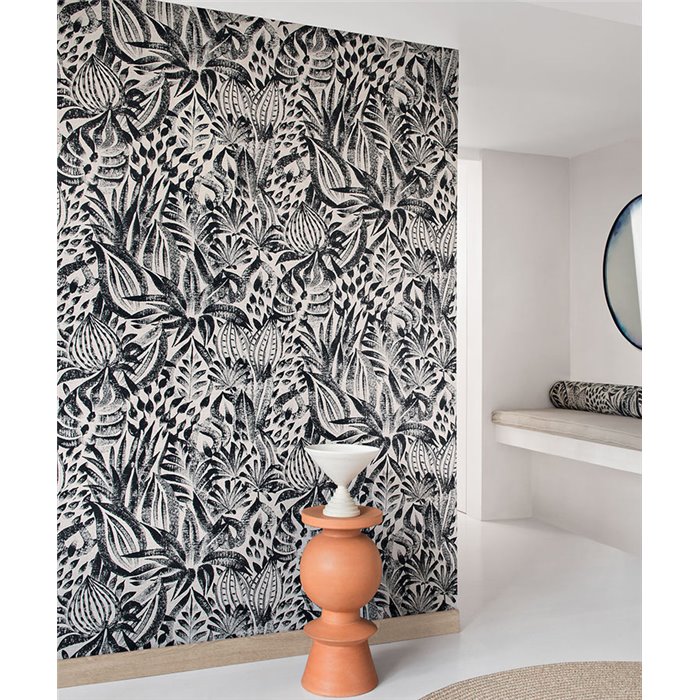 Casamance|Revestimiento pared lino patrón floral étnico beige negro|Revestimientos de Pared