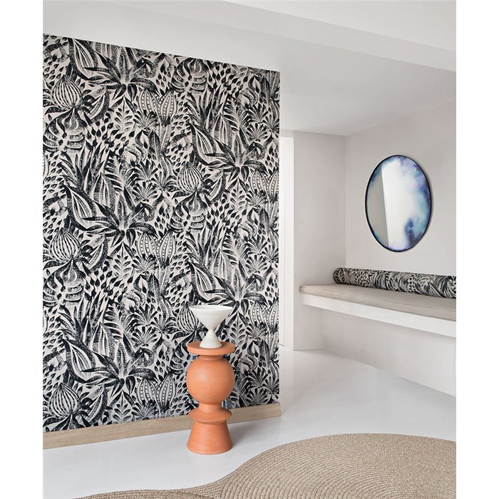 Casamance|Revestimiento pared lino patrón floral étnico beige negro|Revestimientos de Pared