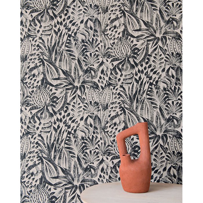 Casamance|Revestimiento pared lino patrón floral étnico beige negro|Revestimientos de Pared