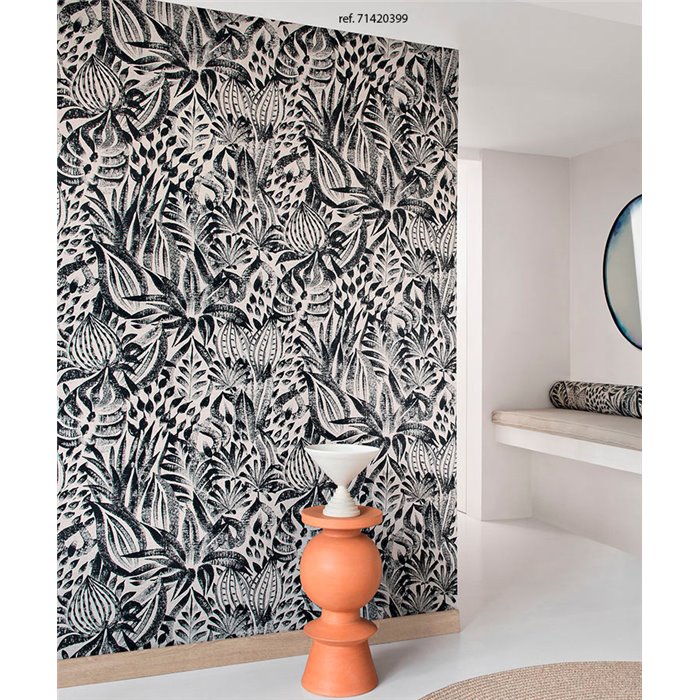 Casamance|Revestimiento pared lino patrón floral étnico beige verde|Revestimientos de Pared