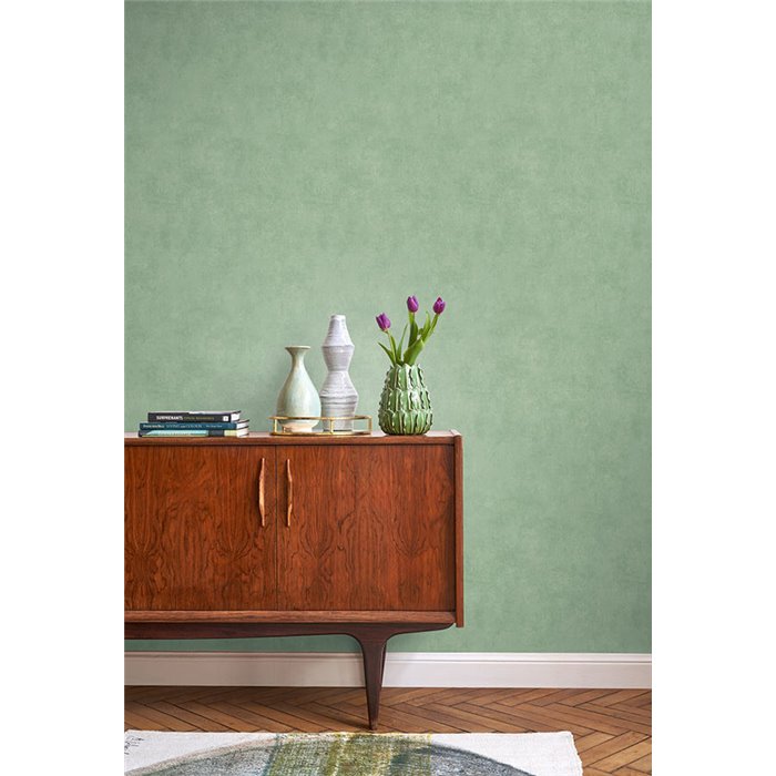 Casadeco|Plain wallpaper with patina and stucco in cedar green|Wallpaper