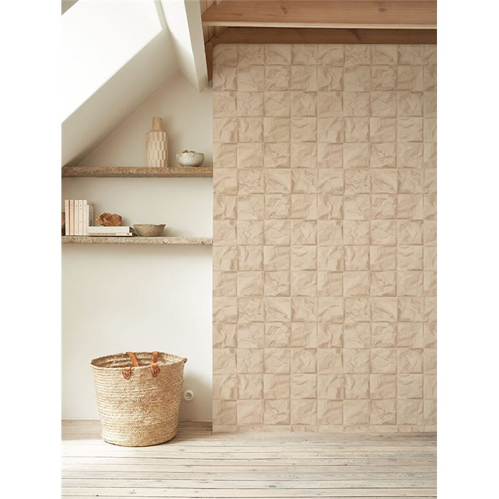 Casadeco|Tapete mit zerknitterten Origami-Papierquadraten in Beige|Tapeten