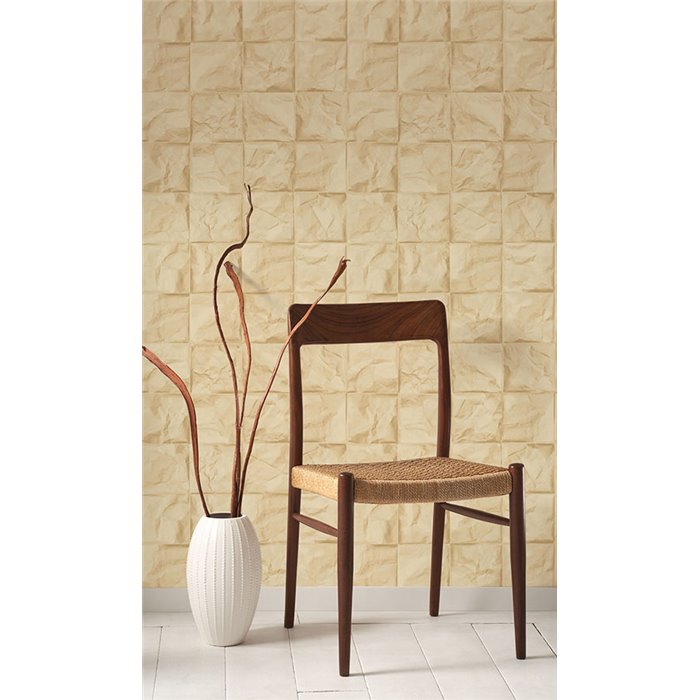 Casadeco|Oriental style wallpaper, crumpled origami effect in golden yellow|Wallpaper