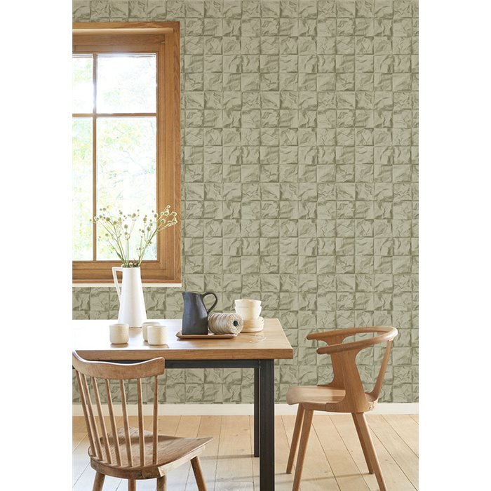 Casadeco|Green crumpled 3D squares wallpaper|Wallpaper