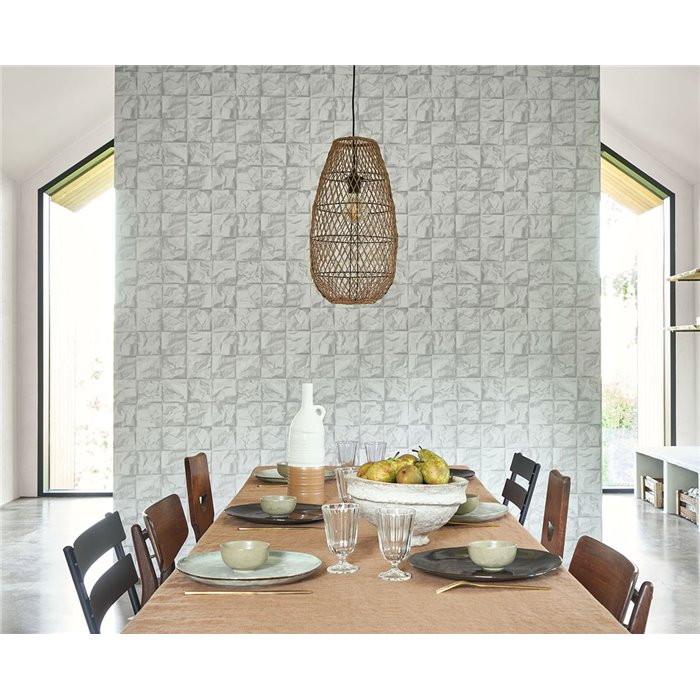 Casadeco|Tapete im orientalischen Stil in Hellgrau mit Origami-Papierquadraten|Tapeten