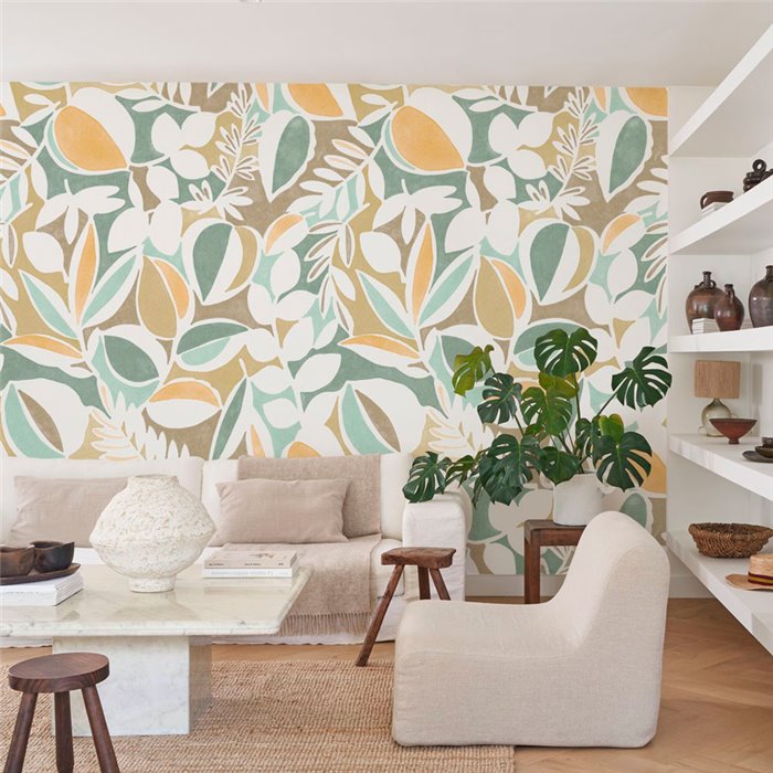Casadeco|Mural pared floral hojas y frutas mid-century verde|Murales de Pared