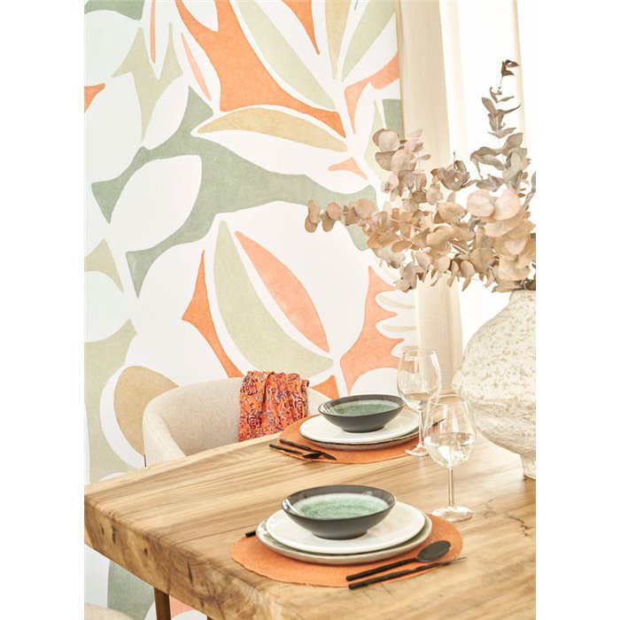 Casadeco|Wall mural mid-century floral leaves and fruits orange|Wallmurals