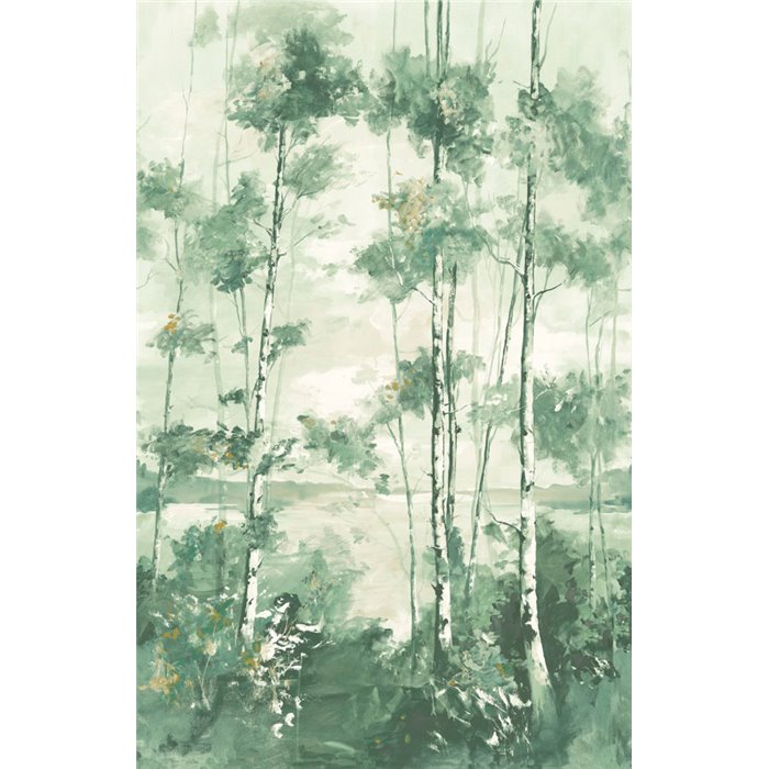 Casadeco|Papier peint panoramique forêt scandinave artistique impressionniste blanc vert|Panoramiques