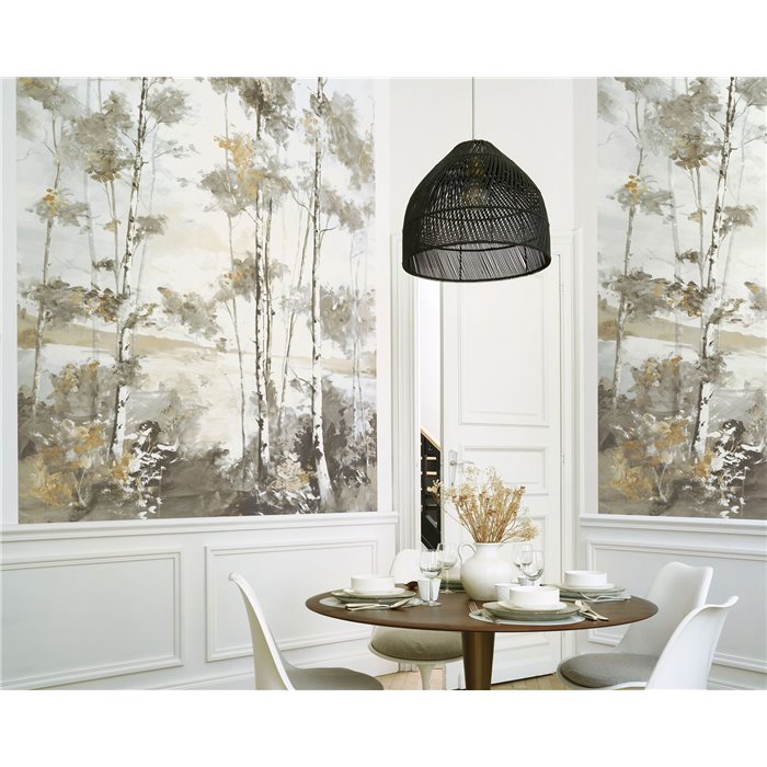 Casadeco|Papier peint panoramique forêt scandinave réaliste et impressionniste blanc gris|Panoramiques