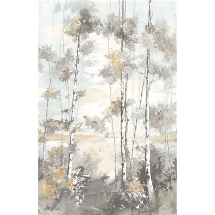 Casadeco|Papier peint panoramique forêt scandinave réaliste et impressionniste blanc gris|Panoramiques