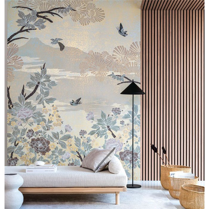 Casamance|Mural pared paisaje oriental con flores japonesas pájaros y montañas|Murales de Pared