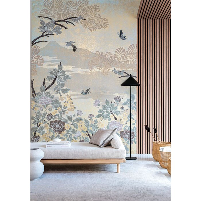 Casamance|Papier peint panoramique paysage oriental avec fleurs japonaises oiseaux et montagnes|Panoramiques