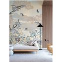 Casamance|Wandbild orientalische Landschaft mit japanischen Blumen Vögeln und Bergen|Wandbild