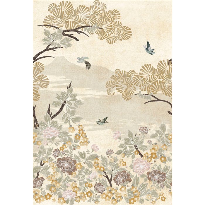 Casamance|Papier peint panoramique paysage oriental avec fleurs japonaises oiseaux et montagnes|Panoramiques