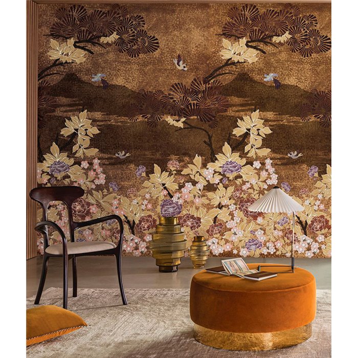Casamance|Wandbild orientalische Landschaft mit Blumen Vögeln und Bergsilhouette|Wandbild