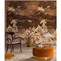 Casamance|Papier peint panoramique paysage oriental avec fleurs oiseaux et silhouette montagneuse|Panoramiques