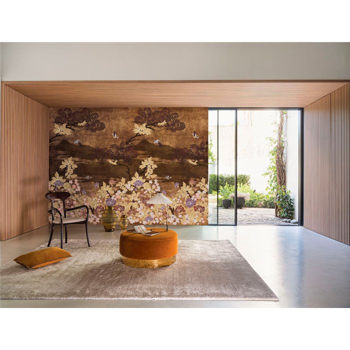 Casamance|Wandbild orientalische Landschaft mit Blumen Vögeln und Bergsilhouette|Wandbild